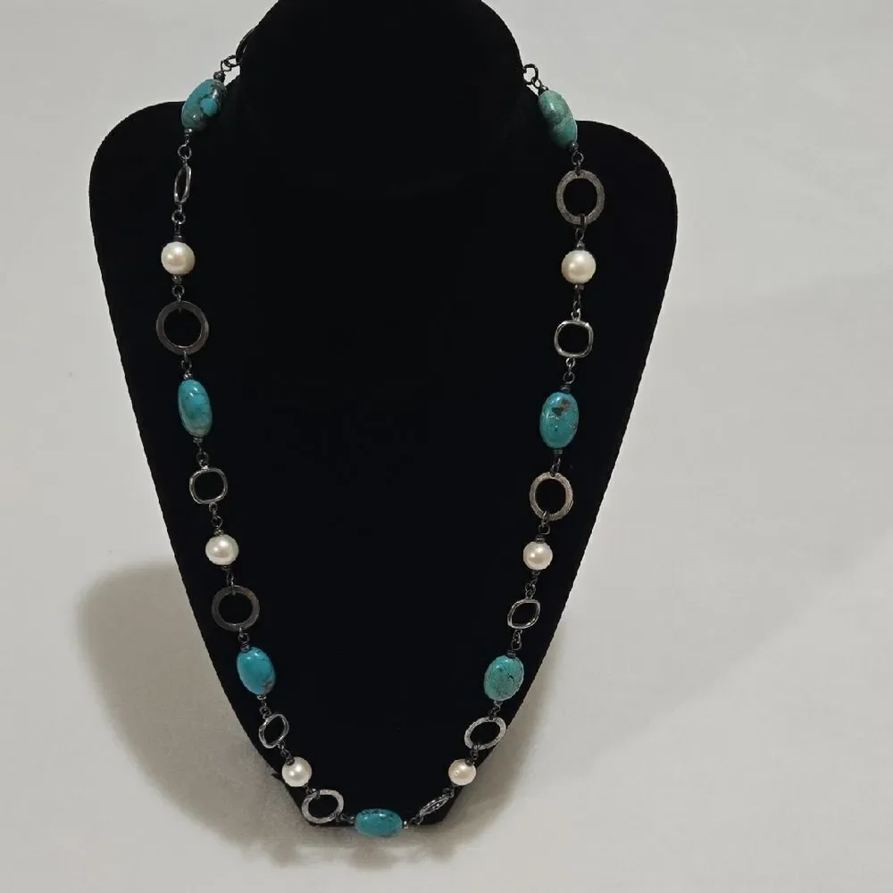 Vintage Sterling Silver, Turquoise and Pearl Necklace